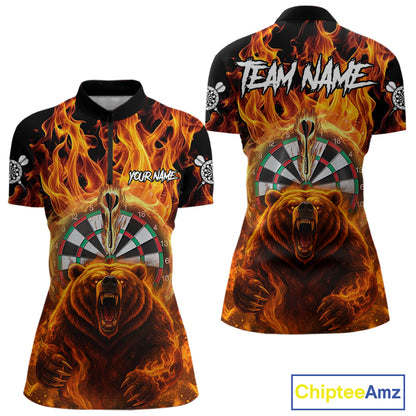 Personalized Orange Flaming Bear Darts Shirt For Women Custom Fire Darts Jersey Team Polo & 1/4 Zip TDM4730