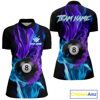 Purple Blue Flaming Smoke 8 Ball Billiard Shirts For Women, Pool Team Shirts Custom Billiard Jersey TDM5141