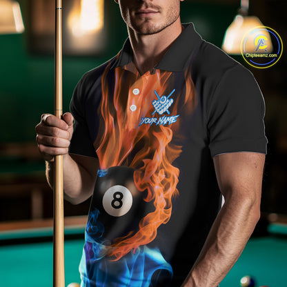 Blue And Orange Flaming Smoke 8 Ball Men's Billiard Shirt, Pool Team Shirts Custom Billiard Jersey TDM5142