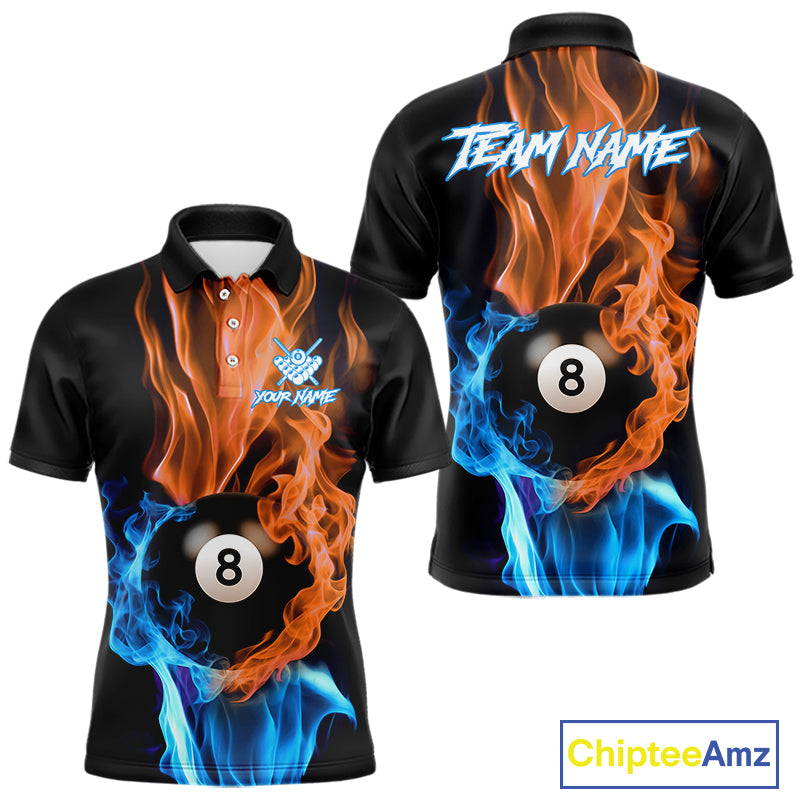 Blue And Orange Flaming Smoke 8 Ball Men's Billiard Shirt, Pool Team Shirts Custom Billiard Jersey TDM5142