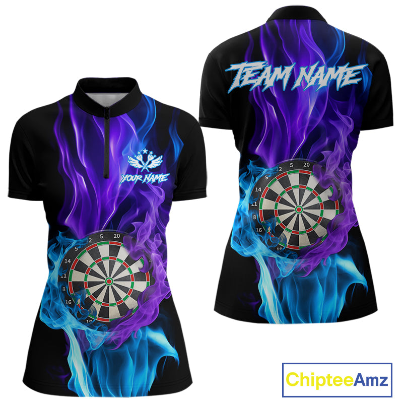 Purple And Blue Flaming Smoke Darts Shirt For Women Custom Darts Jersey Team Polo & Quarter Zip TDM5143
