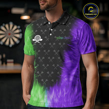 Load image into Gallery viewer, Green And Purple Flame Mens Dart Shirts Custom Dart Jersey Polo &amp; 1/4 Zip, Gifts For Dart Players TDM5145