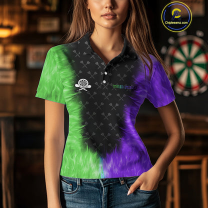 Green And Purple Flame Womens Dart Shirts Custom Dart Jersey Polo & 1/4 Zip, Gifts For Dart Players TDM5145