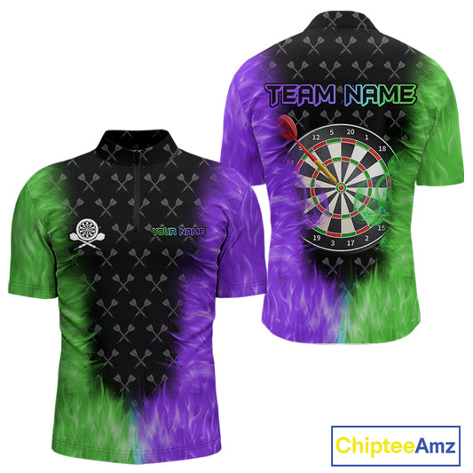 Green And Purple Flame Mens Dart Shirts Custom Dart Jersey Polo & 1/4 Zip, Gifts For Dart Players TDM5145
