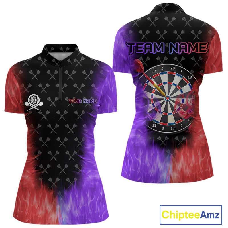 Red And Purple Flame Womens Dart Shirts Custom Dart Jersey Polo & 1/4 Zip, Gifts For Dart Players TDM5146