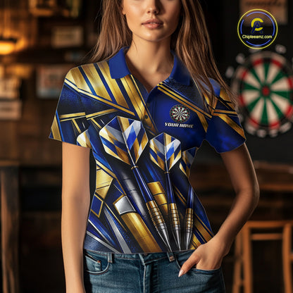Blue And Gold Crystal Geometric Darts Shirts For Women Custom Darts League Team Jersey Polo, 1/4 Zip TDM8088