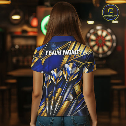 Blue And Gold Crystal Geometric Darts Shirts For Women Custom Darts League Team Jersey Polo, 1/4 Zip TDM8088