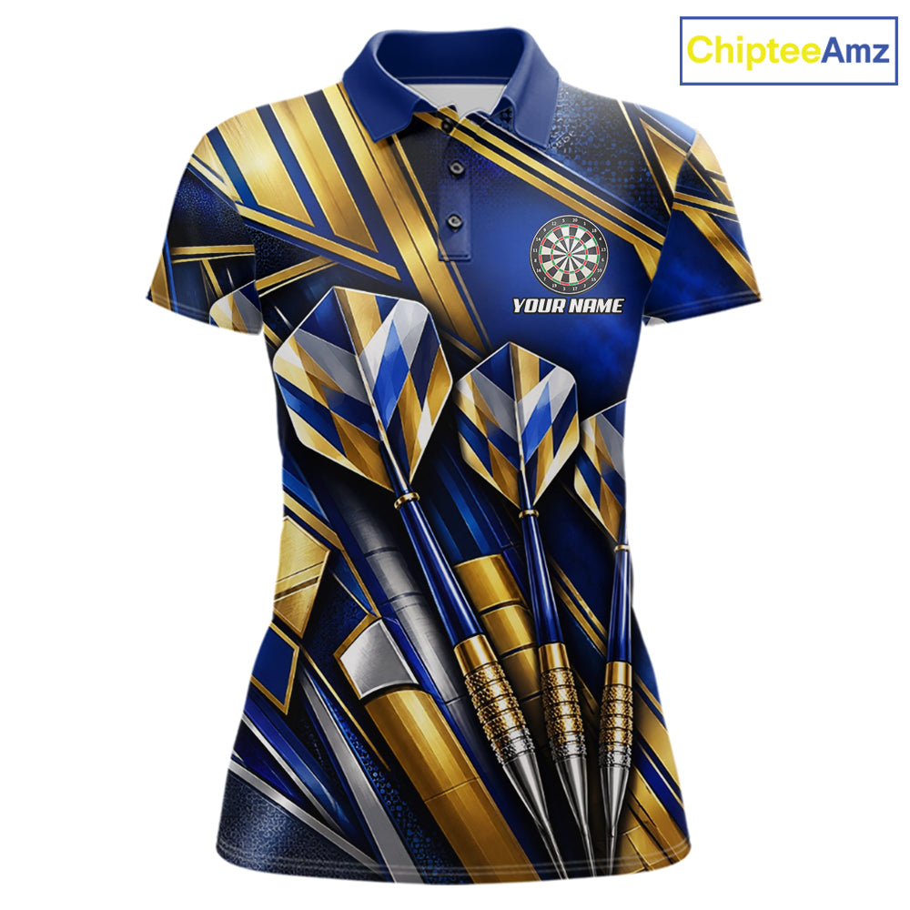Blue And Gold Crystal Geometric Darts Shirts For Women Custom Darts League Team Jersey Polo, 1/4 Zip TDM8088