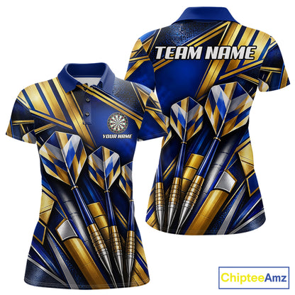 Blue And Gold Crystal Geometric Darts Shirts For Women Custom Darts League Team Jersey Polo, 1/4 Zip TDM8088