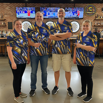 Blue And Gold Crystal Geometric Darts Shirts For Women Custom Darts League Team Jersey Polo, 1/4 Zip TDM8088