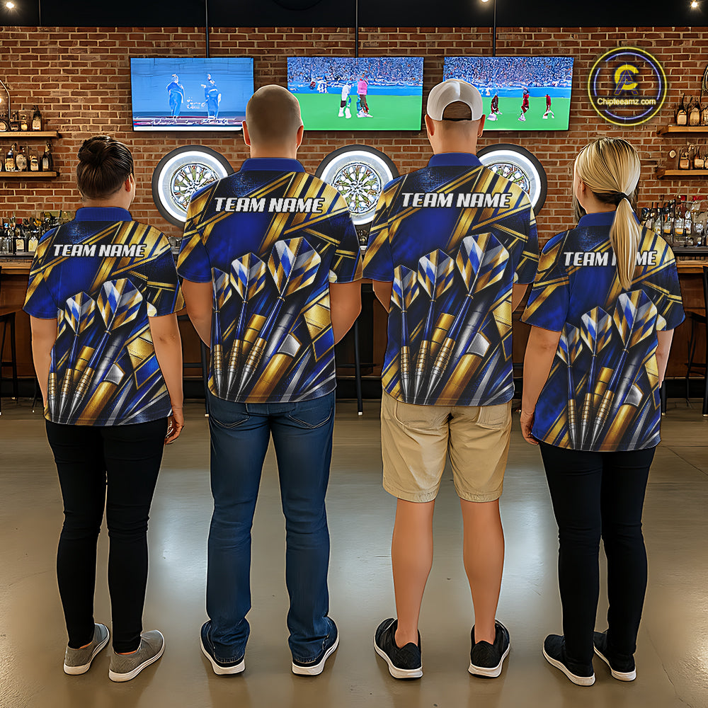 Blue And Gold Crystal Geometric Darts Shirts For Women Custom Darts League Team Jersey Polo, 1/4 Zip TDM8088