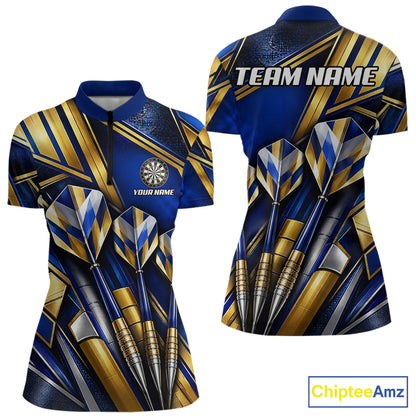 Blue And Gold Crystal Geometric Darts Shirts For Women Custom Darts League Team Jersey Polo, 1/4 Zip TDM8088