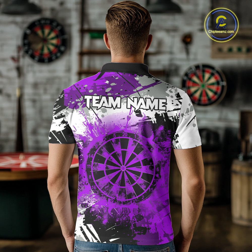 Purple Grunge Paint Splash Dart Shirts For Men Custom Darts Jersey Team Polo & Quarter Zip TDM8089