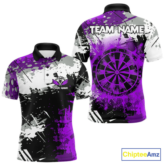Purple Grunge Paint Splash Dart Shirts For Men Custom Darts Jersey Team Polo & Quarter Zip TDM8089