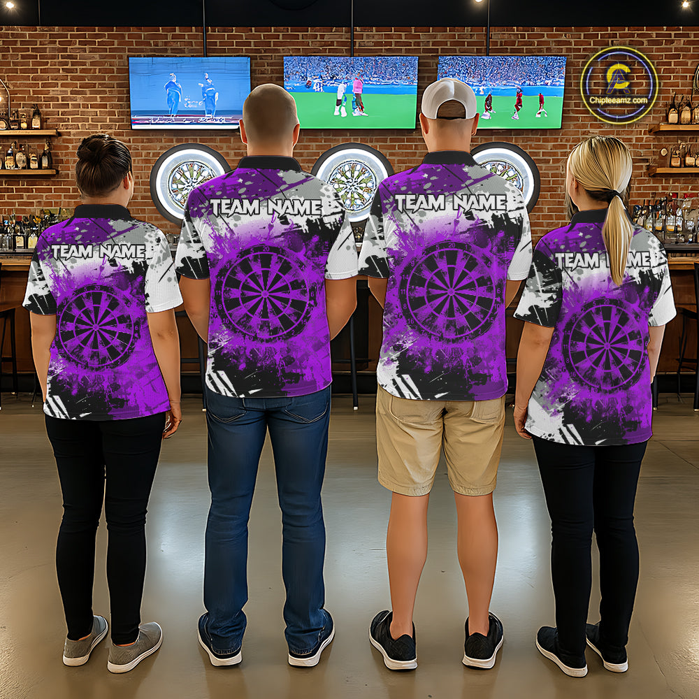Purple Grunge Paint Splash Dart Shirts For Men Custom Darts Jersey Team Polo & Quarter Zip TDM8089