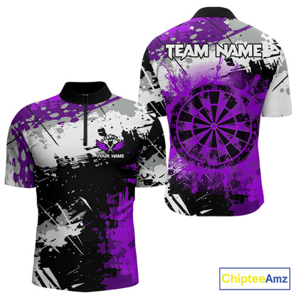 Purple Grunge Paint Splash Dart Shirts For Men Custom Darts Jersey Team Polo & Quarter Zip TDM8089