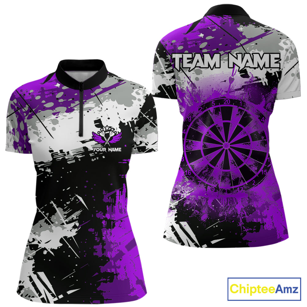 Purple Grunge Paint Splash Dart Shirts For Women Custom Darts Jersey Team Polo & Quarter Zip TDM8089
