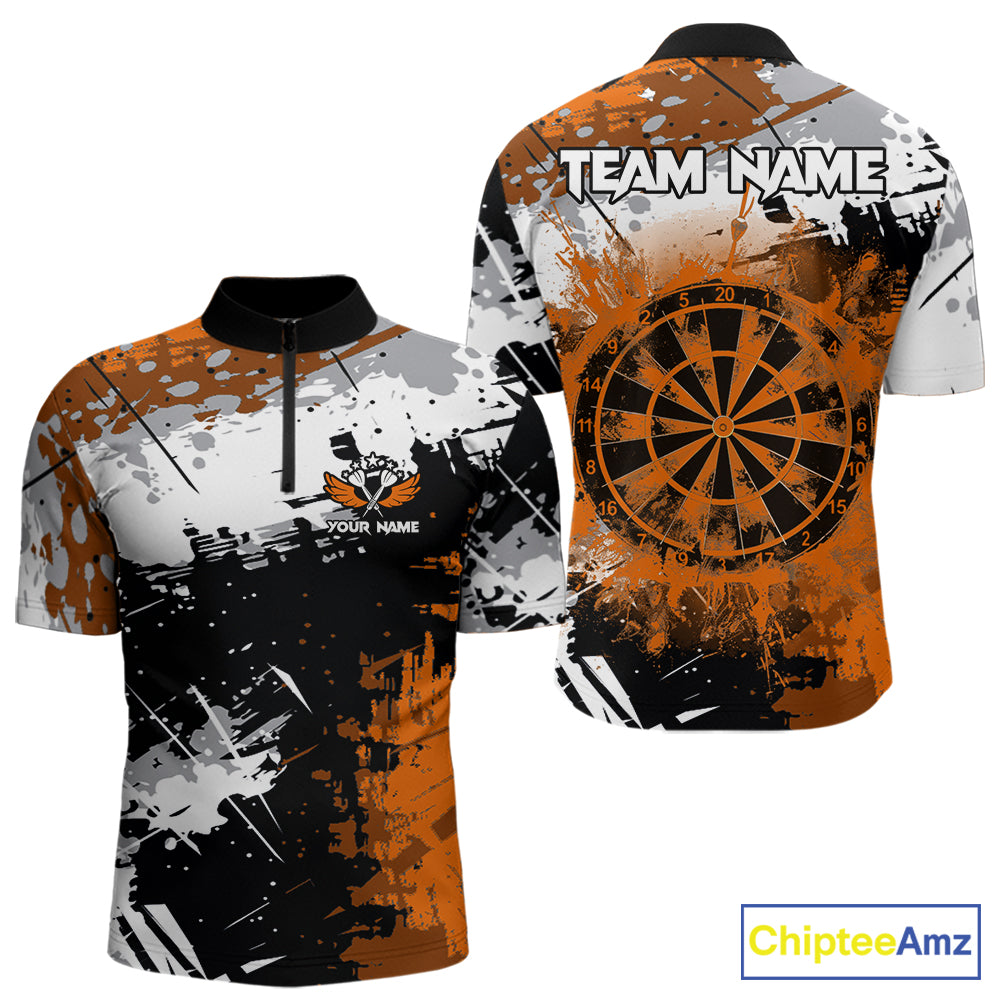 Orange Grunge Paint Splash Dart Shirts For Men Custom Darts Jersey Team Polo & Quarter Zip TDM8090