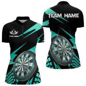 Cyan Black Custom Dart Shirts For Women, Personalized 3D Darts Board Dart Jerseys Polo & 1/4 Zip TDM3139