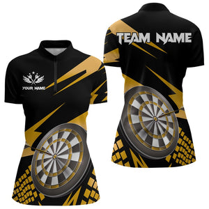 Yellow Black Custom Dart Shirts For Women, Personalized 3D Darts Board Dart Jerseys Polo & 1/4 Zip TDM3140