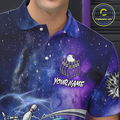 Funny Grim Reaper Blue Purple Galaxy Bowling Shirt For Men Custom Glowing Bowling Jersey Outfit TDM5862