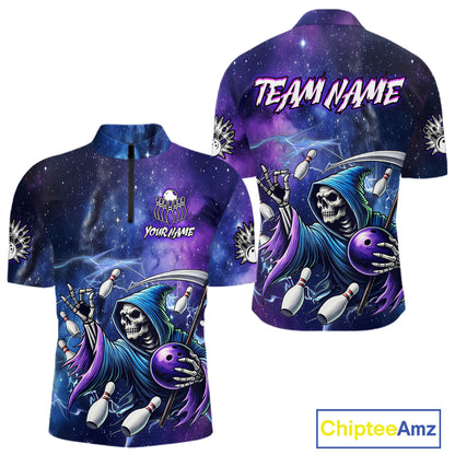 Funny Grim Reaper Blue Purple Galaxy Bowling Shirt For Men Custom Glowing Bowling Jersey Outfit TDM5862