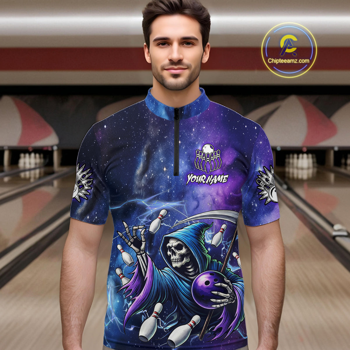 Funny Grim Reaper Blue Purple Galaxy Bowling Shirt For Men Custom Glowing Bowling Jersey Outfit TDM5862