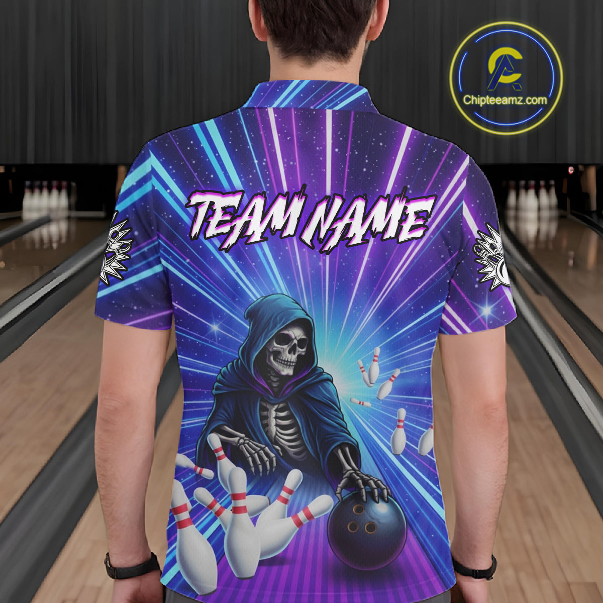 Funny Grim Reaper Blue Purple Neon Bowling Shirt For Men Custom Lighting Bowling Team Jersey TDM5863