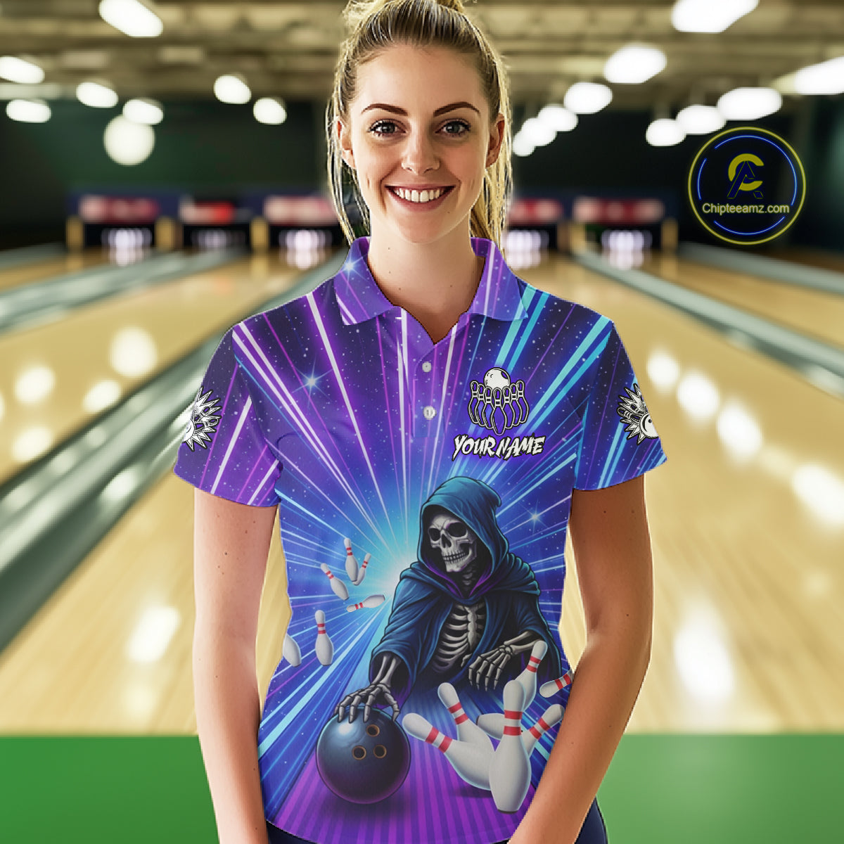 Funny Grim Reaper Blue Purple Neon Bowling Shirt For Women Custom Lighting Bowling Team Jersey TDM5863