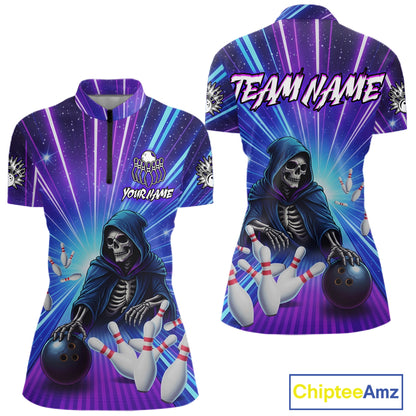 Funny Grim Reaper Blue Purple Neon Bowling Shirt For Women Custom Lighting Bowling Team Jersey TDM5863