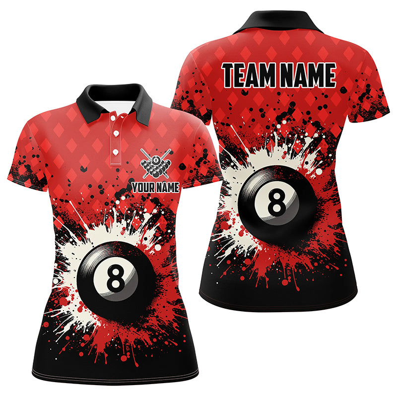 Personalized Red Grunge 8 Ball Pool Women Billiards Polo Shirts Custom Billiard Team Jerseys Uniform TDM1183