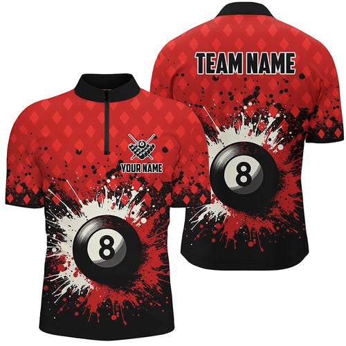 Personalized Red Grunge 8 Ball Pool Men Quarter-Zip Shirts, Billiard Team Jerseys Uniform TDM1183