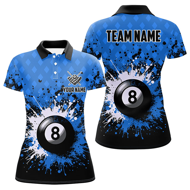Personalized Blue Grunge 8 Ball Pool Women Billiards Polo Shirts Custom Billiard Team Jerseys Uniform TDM1184