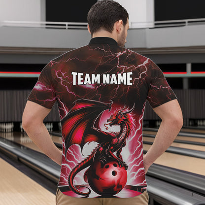 Red Thunder Lightning Custom Dragon Bowling Shirts For Men, Bowling Team Jerseys Polo & 1/4 Zip TDM3679