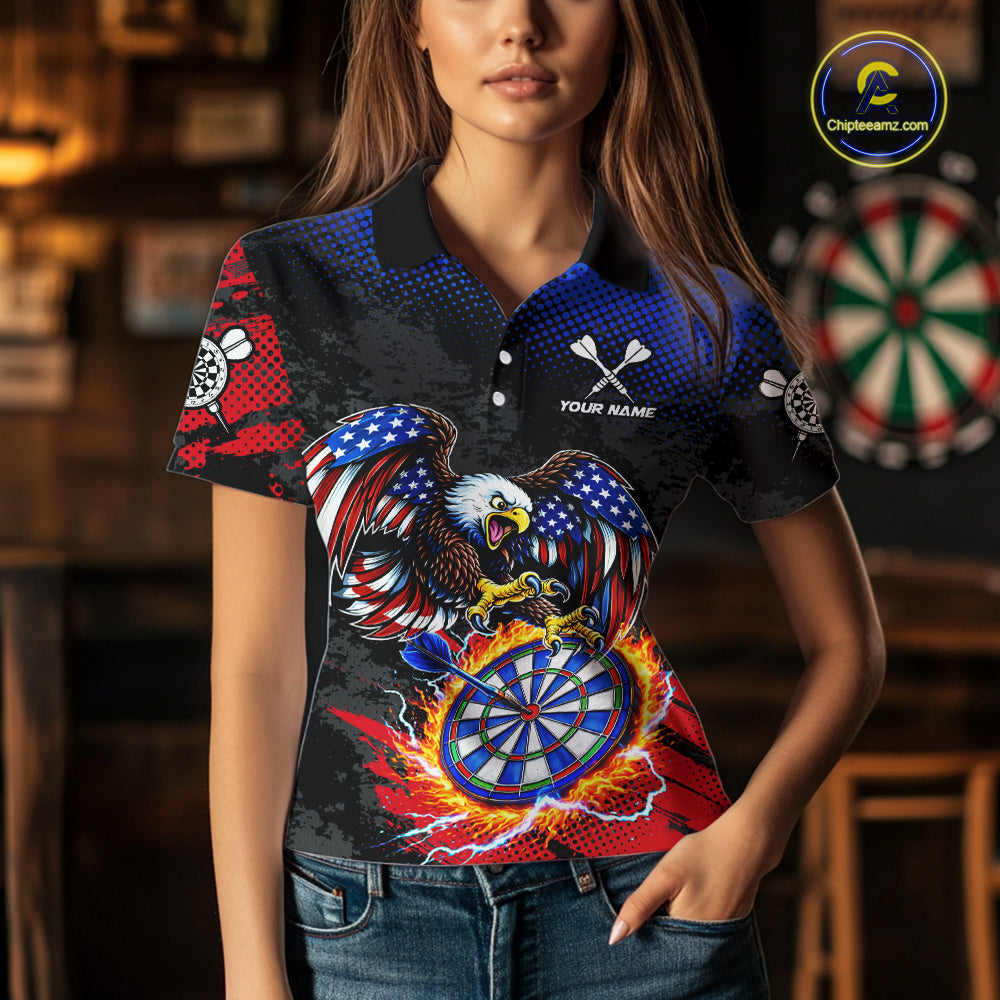 Patriotic American Flag Eagle Flame Darts Shirt For Women Custom Darts Jersey Team Polo & 1/4 Zip TDM6012