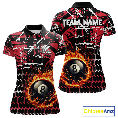 Grunge Black And Red Flaming 8 Ball Pool Women's Billiard Shirts Custom Billiard Jerseys Team Shirts TDM3833