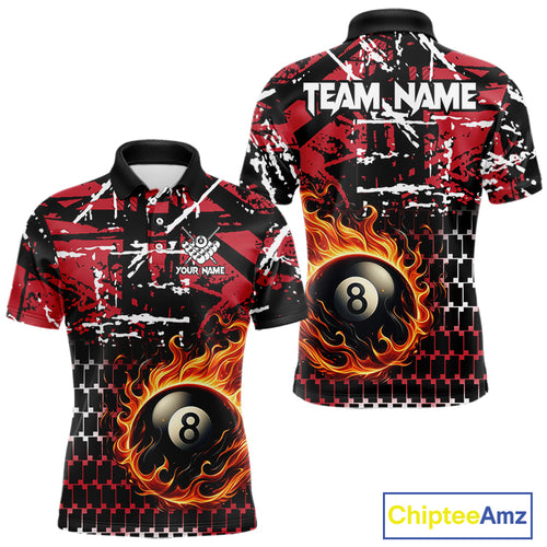 Grunge Black And Red Flaming 8 Ball Pool Men's Billiard Shirts Custom Billiard Jerseys Team Shirts TDM3833
