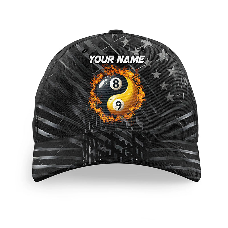 Custom Black US Flag Ying And Yang 8 Ball & 9 Ball Billiard Hat, Personalized Pool Baseball Cap TDM3952