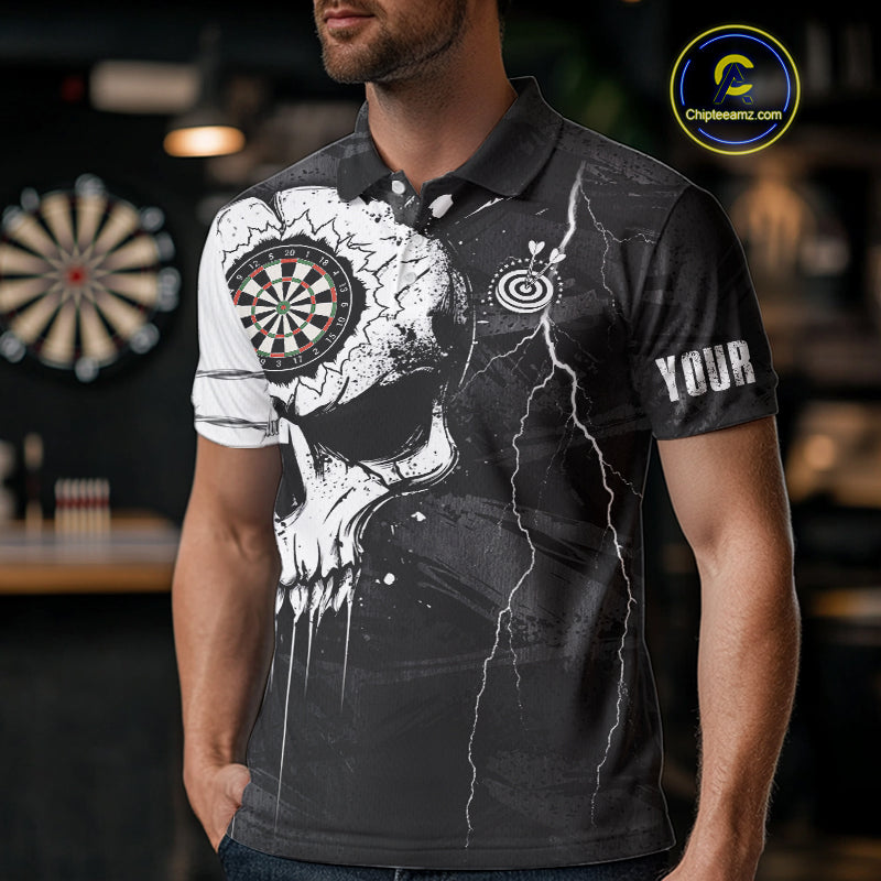 Custom Black And White Grunge Skull Dart Shirts For Men | Team Darts Jerseys - Polo & Quarter Zip TDM3955