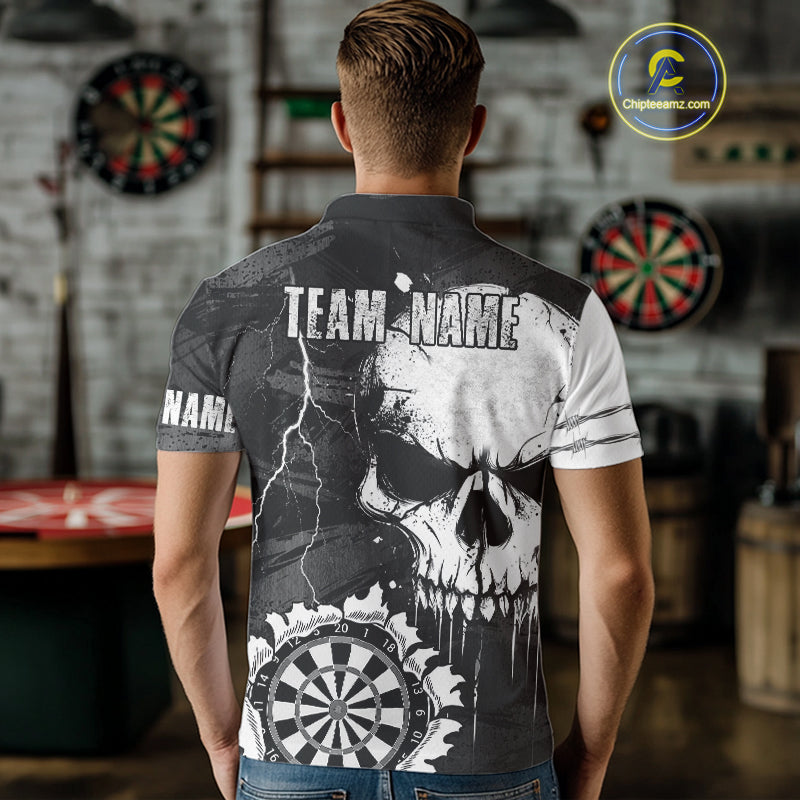 Custom Black And White Grunge Skull Dart Shirts For Men | Team Darts Jerseys - Polo & Quarter Zip TDM3955