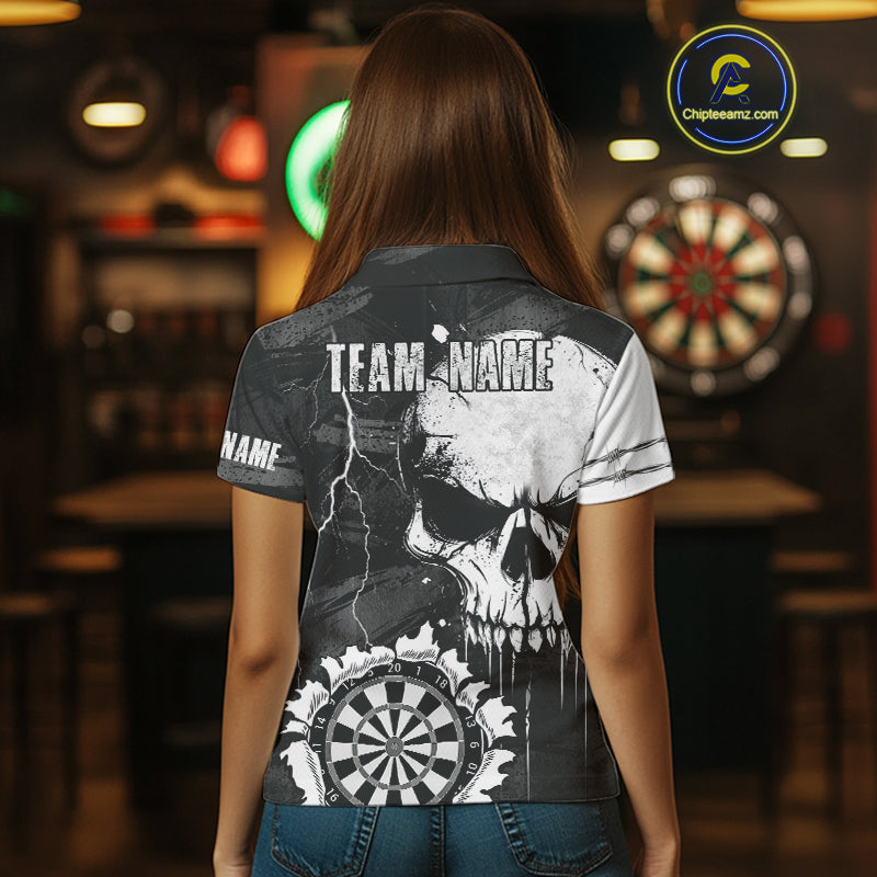 Custom Black And White Grunge Skull Dart Shirts For Women | Team Darts Jerseys - Polo & Quarter Zip TDM3955