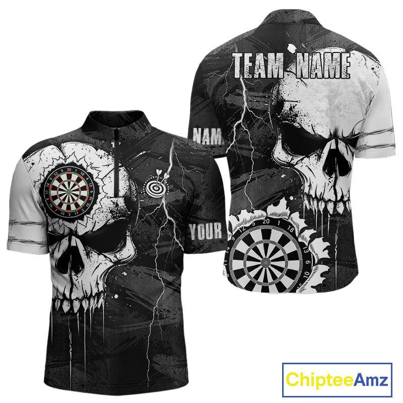 Custom Black And White Grunge Skull Dart Shirts For Men | Team Darts Jerseys - Polo & Quarter Zip TDM3955