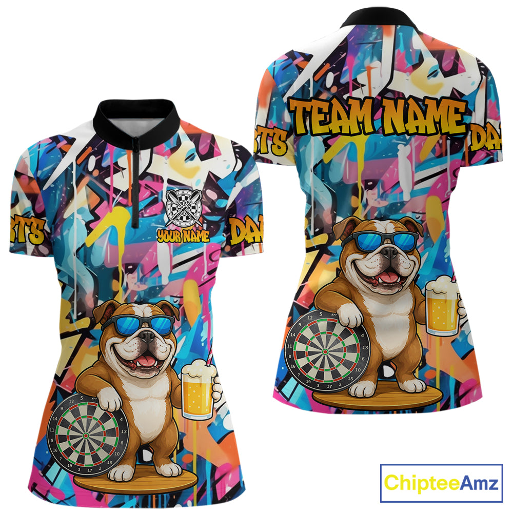 Funny Bulldog Colorful Graffiti Darts Shirt For Women Custom Darts Team Jersey Polo & 1/4 Zip TDM6464