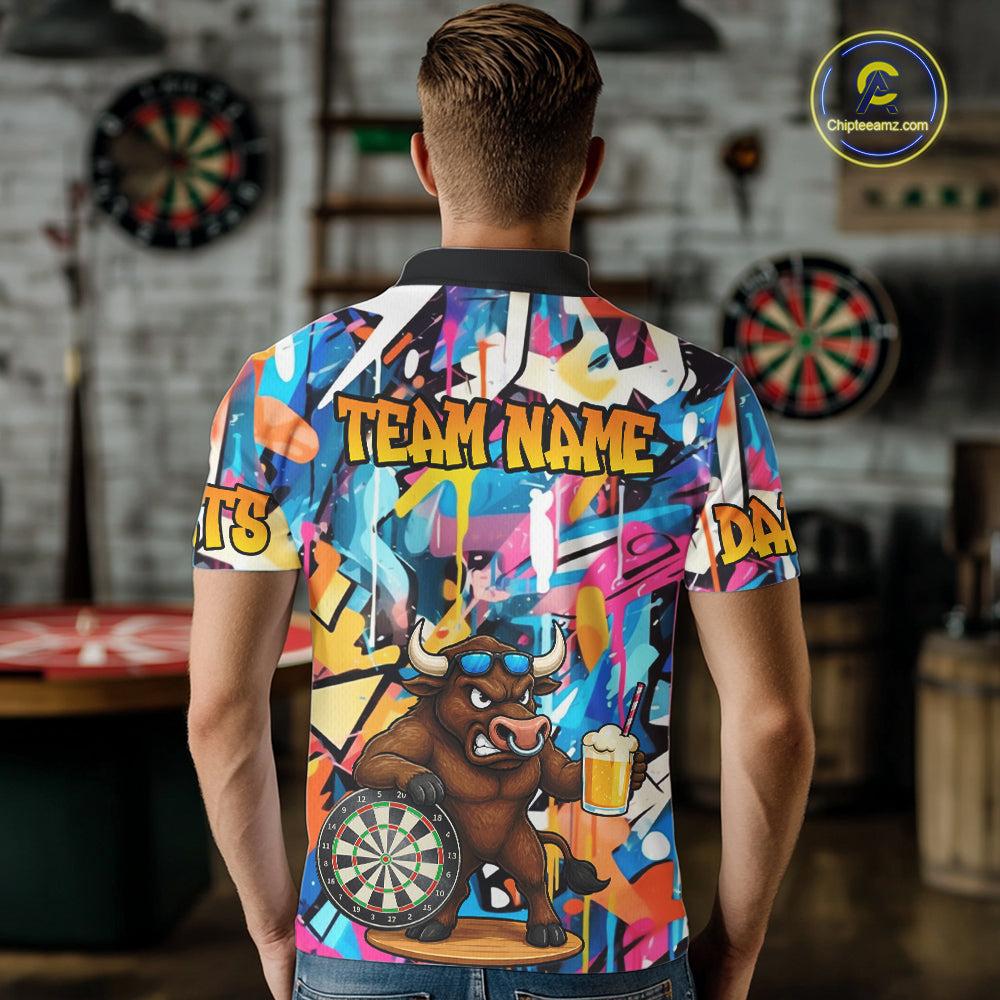 Funny Bull Colorful Graffiti Darts Shirt For Men Custom Darts Team Jersey Polo & 1/4 Zip TDM6465