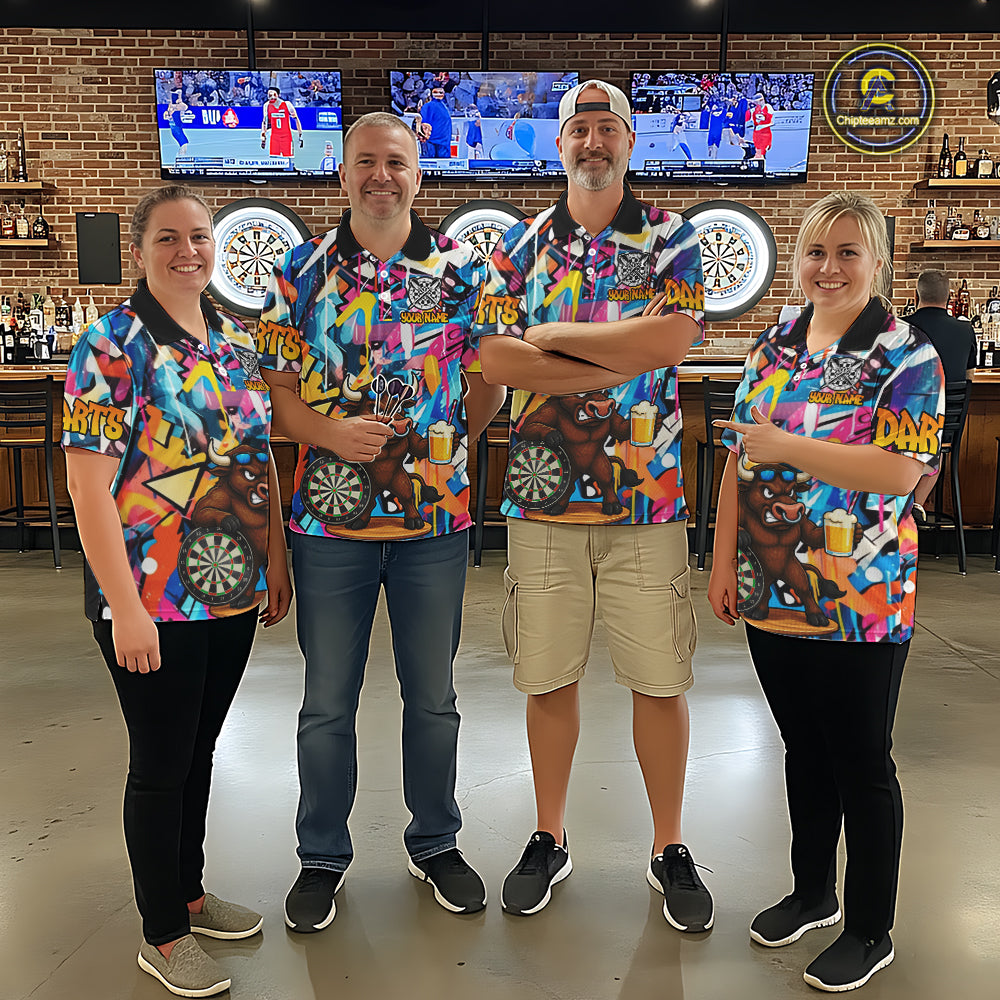 Funny Bull Colorful Graffiti Darts Shirt For Men Custom Darts Team Jersey Polo & 1/4 Zip TDM6465