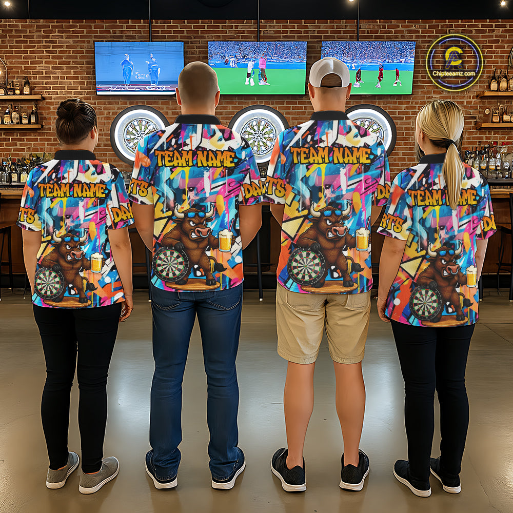 Funny Bull Colorful Graffiti Darts Shirt For Men Custom Darts Team Jersey Polo & 1/4 Zip TDM6465