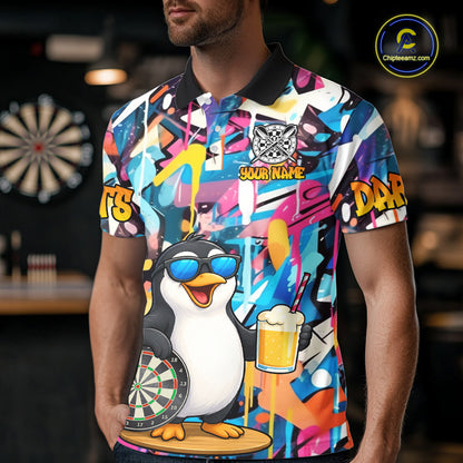 Funny Penguin Colorful Graffiti Darts Shirt For Men Custom Darts Team Jersey Polo & 1/4 Zip TDM6466