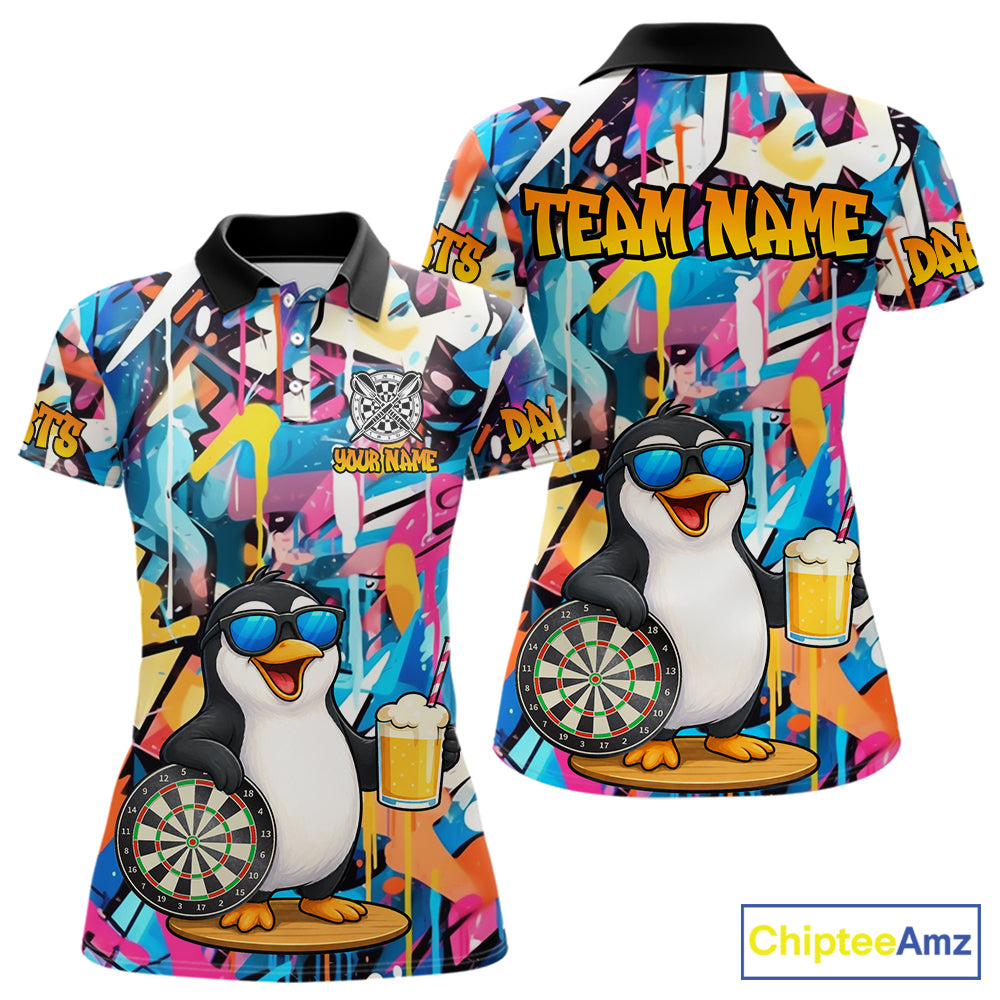 Funny Penguin Colorful Graffiti Darts Shirt For Women Custom Darts Team Jersey Polo & 1/4 Zip TDM6466