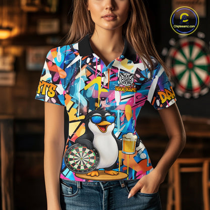 Funny Penguin Colorful Graffiti Darts Shirt For Women Custom Darts Team Jersey Polo & 1/4 Zip TDM6466