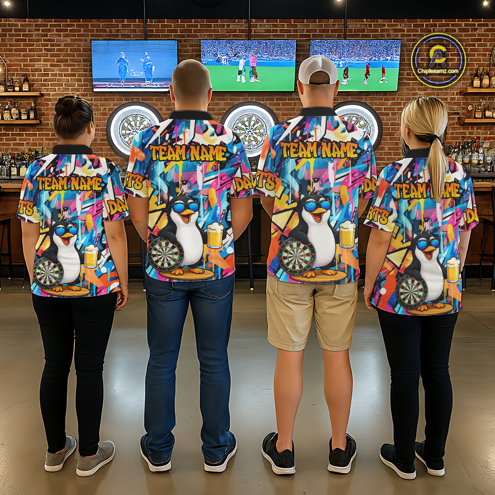 Funny Penguin Colorful Graffiti Darts Shirt For Men Custom Darts Team Jersey Polo & 1/4 Zip TDM6466